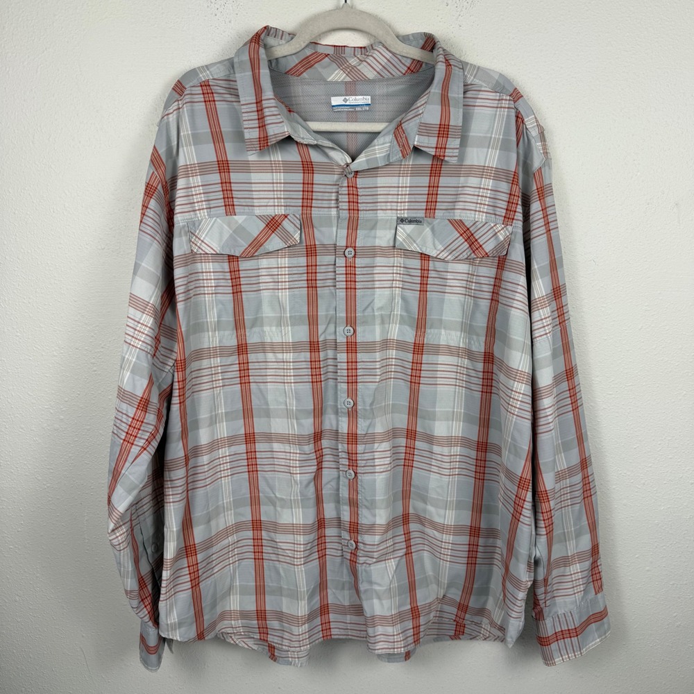 Columbia Mens XXL Grey Orange Plaid Long Sleeve Ventilated Fishing Hiking Shirt
